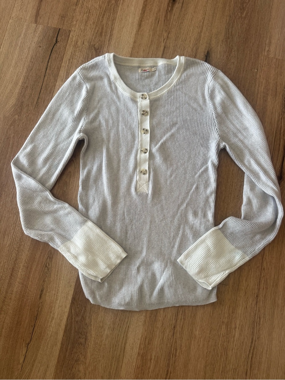 Faherty Light Gray Ribbed Henley Sweater with Cream Trim